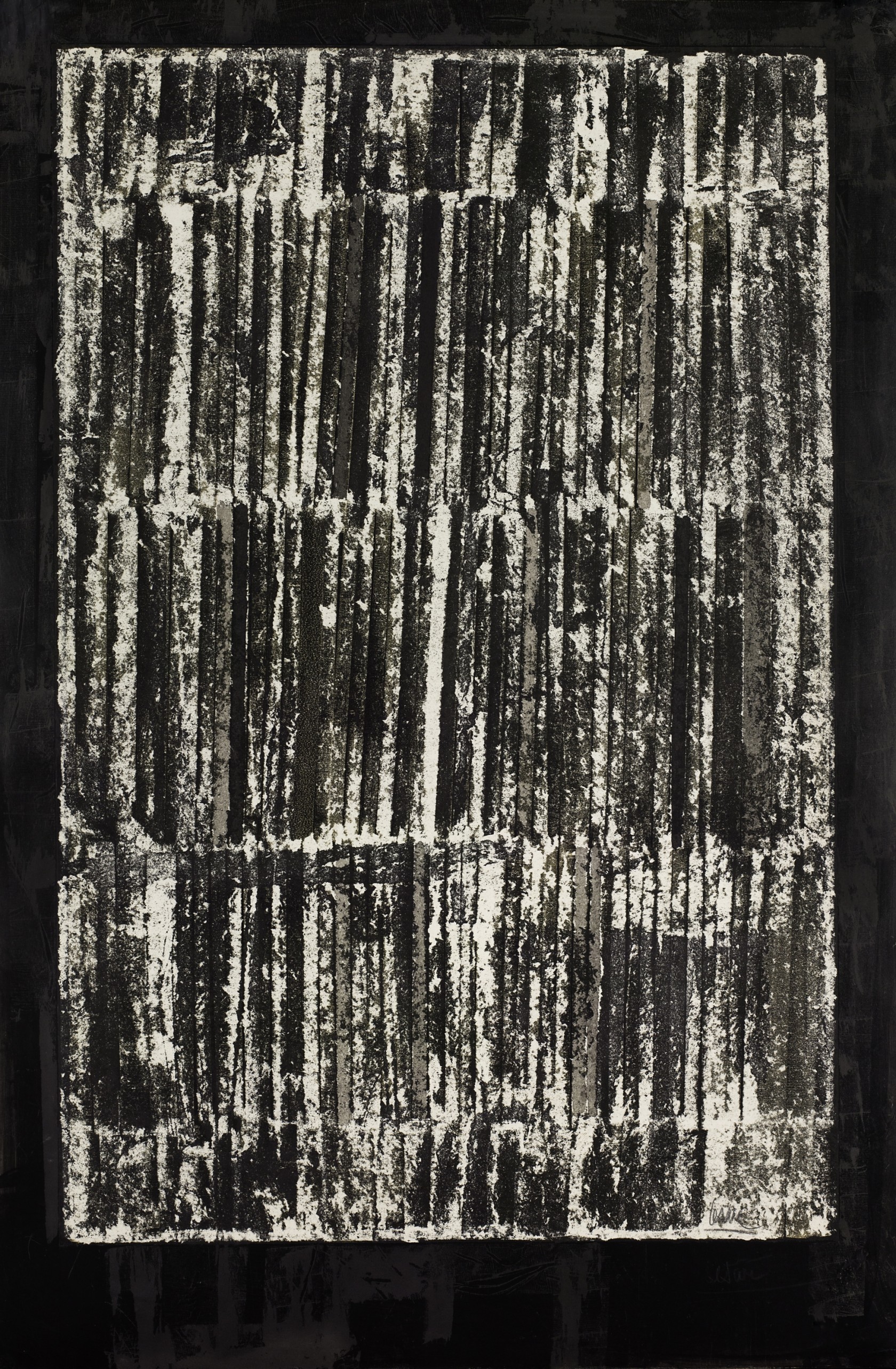 <em>Fig.1 - César (César Baldaccini, dit) (Marseille, 1921 – Paris, 1998), <em>Arrachage</em>, 1962, Arrachage de papier enduit d’encre de Chine marouflé sur toile, 120,2 x 80,2 cm, FGA-BA-CESAR-0004 © Fondation Gandur pour l’Art, Genève. Photographe : André Morin © SBJ / 2021, ProLitteris, Zurich</em>
