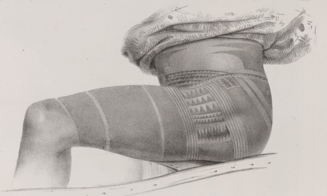 <em>Tatouage de la cuisse des hommes </em> <br>in Dumont d’Urville, Jules, Voyage de la corvette l’Astrolabe exécuté par ordre du roi pendant les années 1826-1827-1828-1829, Paris, 1830-1835 Tatouage de la cuisse des hommes