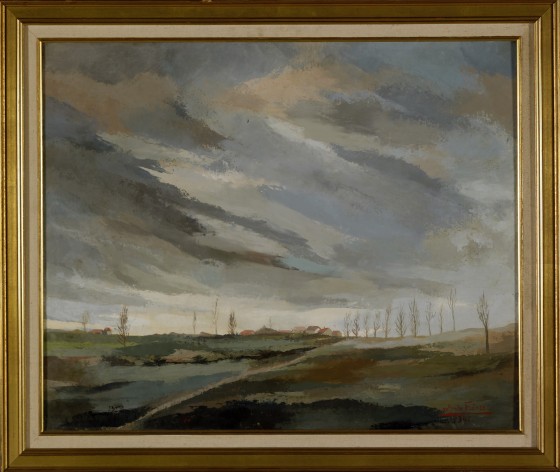 Artwork of a cloudy landscape with trees and grass