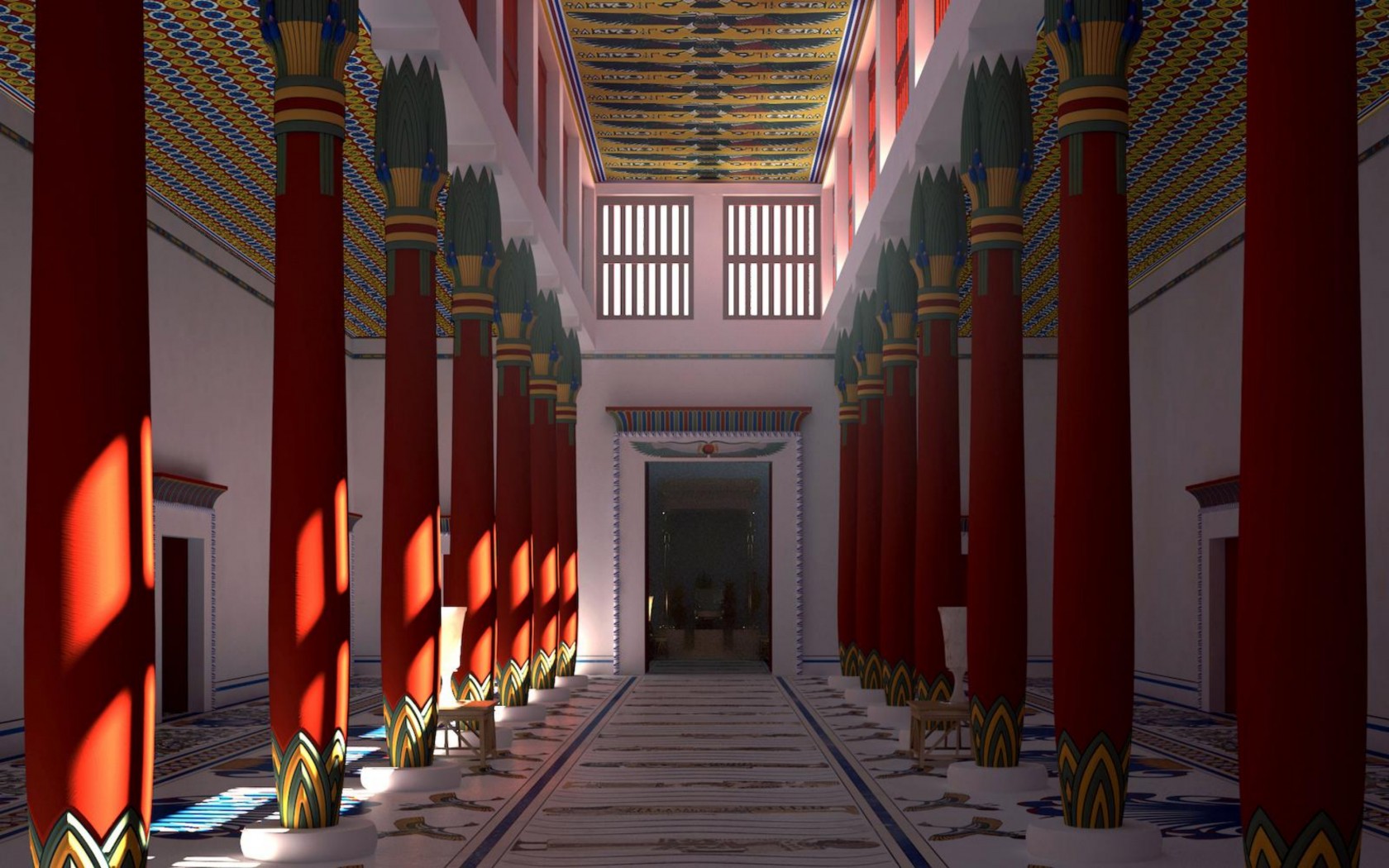 Reconstitution du hall à colonnes menant à la salle du trône du palais de Malqata