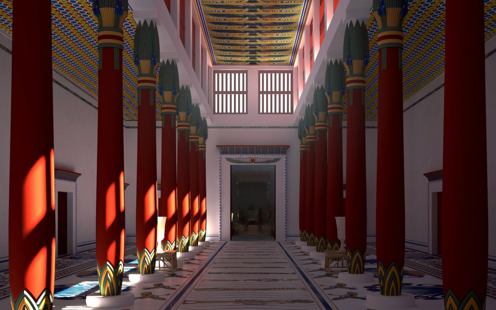 <em>Reconstitution du hall à colonnes menant à la salle du trône du palais de Malqata</em> Reconstitution du hall à colonnes menant à la salle du trône du palais de Malqata