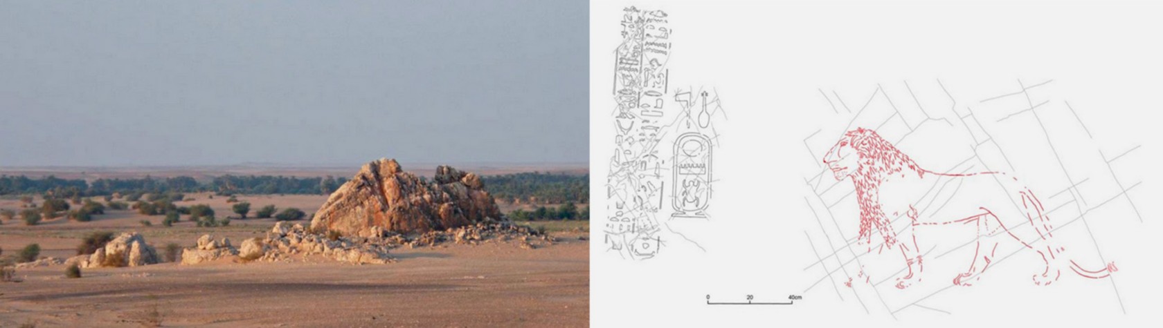 <em>La falaise du Hagar el-Meroua à Kurgus, Soudan, et détail de l’inscription gravée lors de l’expédition militaire du pharaon Thoutmosis I. D’après DAVIES, W.V., « Nubia in the New Kingdom », fig. 2 et 9.</em>