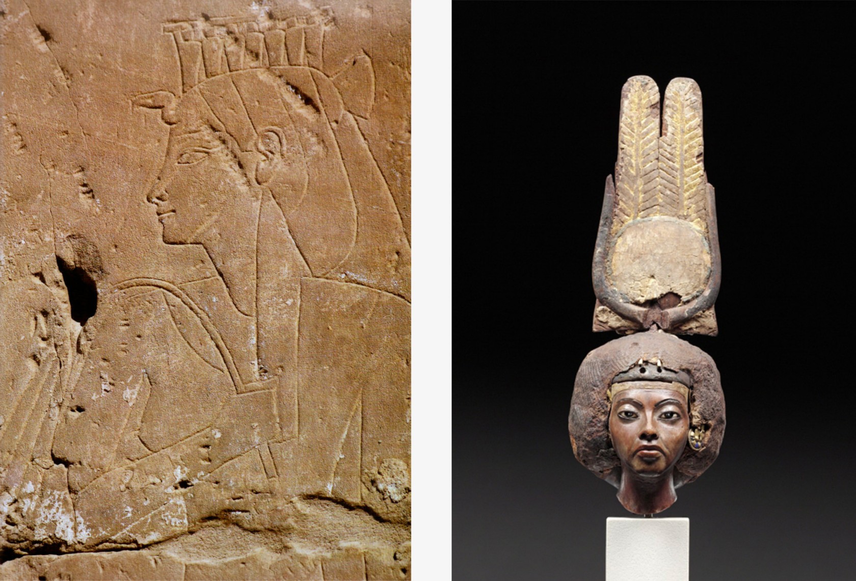 <em>Gauche : la reine-mère Moutemouia gravée sur un mur du temple de Louxor. © Antikforever.com. Droite : la grande épouse royale Tiye au Musée égyptologique de Berlin (ÄM 21834).</em> Gauche : la reine-mère Moutemouia gravée sur un mur du temple de Louxor. © Antikforever.com. Droite : la grande épouse royale Tiye au Musée égyptologique de Berlin (ÄM 21834).